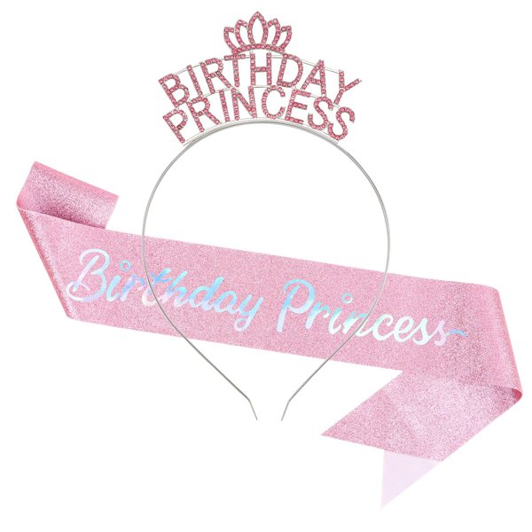 Ondder Birthday Sash and Tiara for Women Birthday Princess Tiara Crown Headband for Girls with Glitter Sash- Pink
