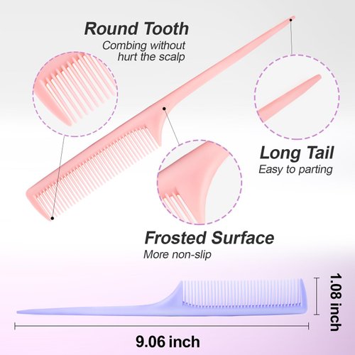 Jurrissa Rat Tail Combs for Parting,Fine Tooth Teasing Comb-Heat Resistant Anti Static Parting Combs for Braiding,Root Teasing-Styling Combs Set for Women,Suit for Wet Dry Hair((Pink&Purple)