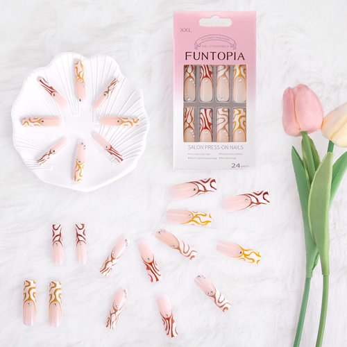 French Press On Nails, Funtopia 4cm Long Square Fake Nails with Wave Designs and Rhinestones, Artificial Nude False Glue On Nails, Acrylic Full Cover Stick On Nails for Women and Girls, 24 Pcs