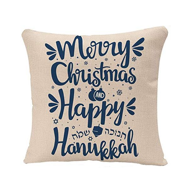 YGGQF Throw Pillow Covers Festival Hand Written Lettering with Text Happy Hanukkah and Merry Christmas Hanuka Pillow Case 18x18 Inch Square Cushion Cover Pillowcase