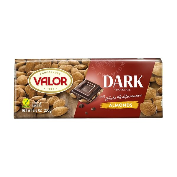 Valor. Dark Chocolate with whole Mediterranean Almonds. 250g (8.75oz). Pack of 2.