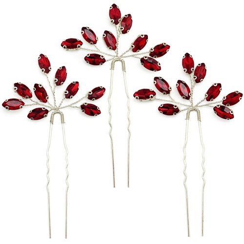 PRETTYLIFE Crystal Bridal Hair Pins 3 Pieces Rhinestone Flower Headpieces Wedding Hair Accessories for Bride Bridesmaids Women (Wine Red)