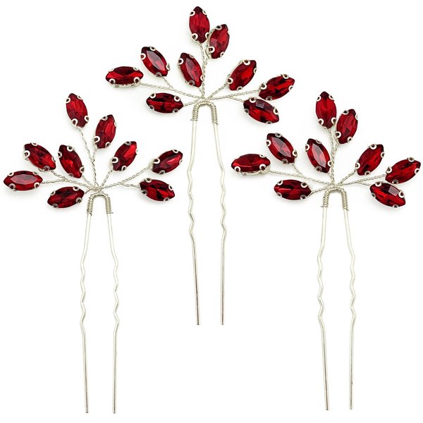 PRETTYLIFE Crystal Bridal Hair Pins 3 Pieces Rhinestone Flower Headpieces Wedding Hair Accessories for Bride Bridesmaids Women (Wine Red)