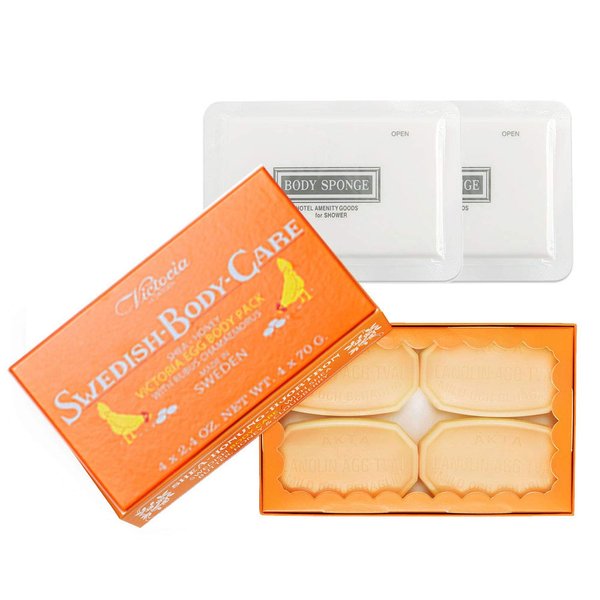 Toeah Swedish Body Care Shea Butter Soap, Honey and Cloudberry, 4 CT with Disposable Body Shower Sponge 2CT