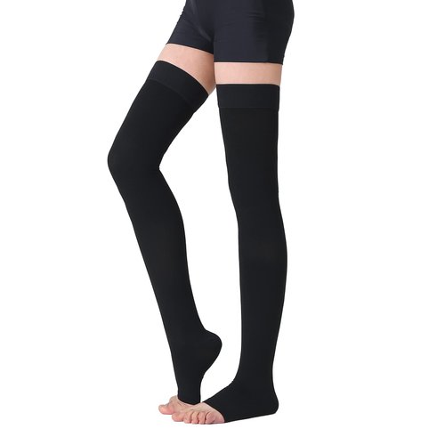 TOFLY® Medical Thigh High Compression Stockings for Women & Men (Pair), Opaque Open Toe 15-20mmHg Graduated Compression Hose, Medical Compression Stockings Support for Varicose Veins, Edema,Black M