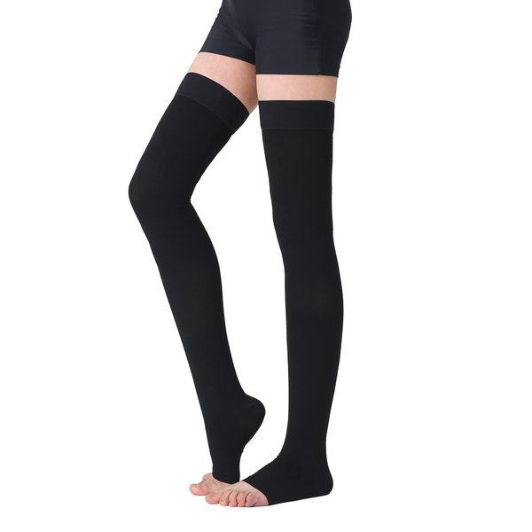 TOFLY® Medical Thigh High Compression Stockings for Women & Men (Pair), Opaque Open Toe 15-20mmHg Graduated Compression Hose, Medical Compression Stockings Support for Varicose Veins, Edema,Black M