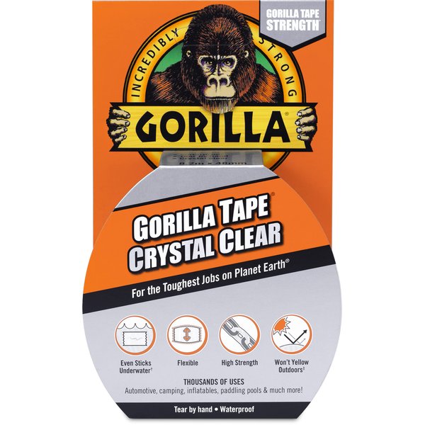 Gorilla Crystal Clear Repair Duct Tape, 1.88” x 9 yd, Clear, (Pack of 1)