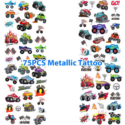 75 PCS Truck Temporary Tattoos for Kids, Groovy Metallic Styles Tattoos for Truck Wheels Birthday Party Supplies Racing Car Checkered Flag Trophy Flame Fake Tattoo Stickers for 5 6 7 8 Years Old Boys