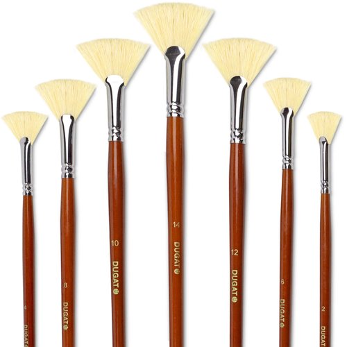 DUGATO Artist Fan Paint Brush Set of 7, White Hog Bristle Natural Hair Anti-Shedding Brush Tips, Long Wooden Handle for Comfortable Holding, Great for Acrylic Watercolor Oil Painting