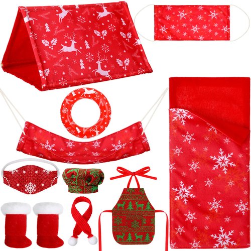 Bencailor 10 Pcs Christmas Elf Doll Accessories Set Include Elf Sleeping Bag Hammock Tent Scarf Mask Shoes Apron Chef Hat Swim Ring for Christmas Elf Village Decor