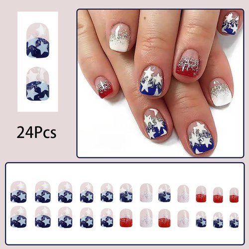 4th of July Press on Nails Short Square Fake Nails Independence Day Stars with Nail Glitter False Nails American Flag Star Pattern Designs Glue on Nails Holiday Acrylic Nails for Nail Art Decoration