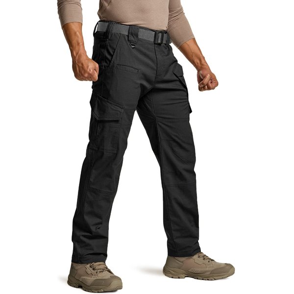 CQR Men's Flex Ripstop Tactical Pants, Water Resistant Stretch Cargo Pants, Lightweight EDC Hiking Work Pants, Dura Flex Mag Pocket Black, 38W x 32L