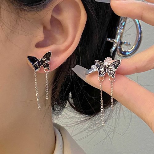 Allereyae Vintage Butterfly Stud Earrings Silver Chain Tassel Dangle Earrings Black Butterfly Earrings Layer Chain Drop Earrings Jewelry for Women