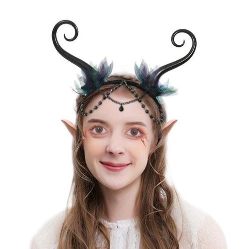 Bubbmi Halloween Elf Fairy Renaissance Costume Headband with Rhinestone Drop, Black Masquerade Party Headwear for Women Girls