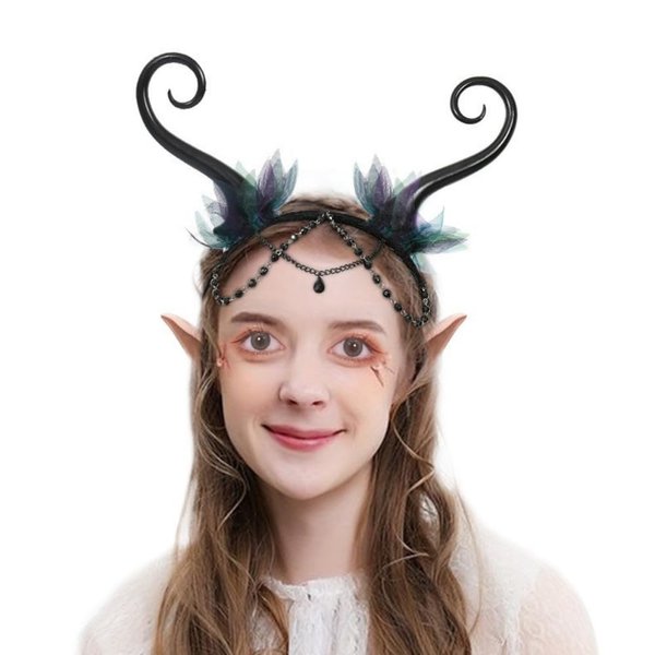 Bubbmi Halloween Elf Fairy Renaissance Costume Headband with Rhinestone Drop, Black Masquerade Party Headwear for Women Girls