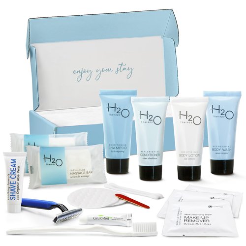 H2O Therapy Amenity & Accessory Kit | 0.85 oz Travel Size Shampoo, Conditioner, Lotion, Body Wash, Massage Bar, Cleansing Bar, Shave & Dental Sets, Make-Up Remover Wipes, & Vanity Kit | 1 set per case