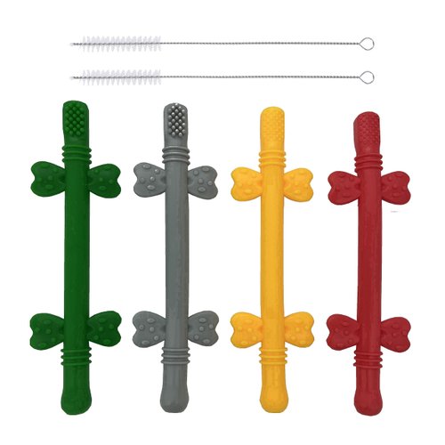 Hollow Teething Tubes with Safety Shield， Silicone Teether Toy for Babies 3-18 Months， BPA Free/Freezable Toddler Baby teether Toothbrush-Easy to Clean