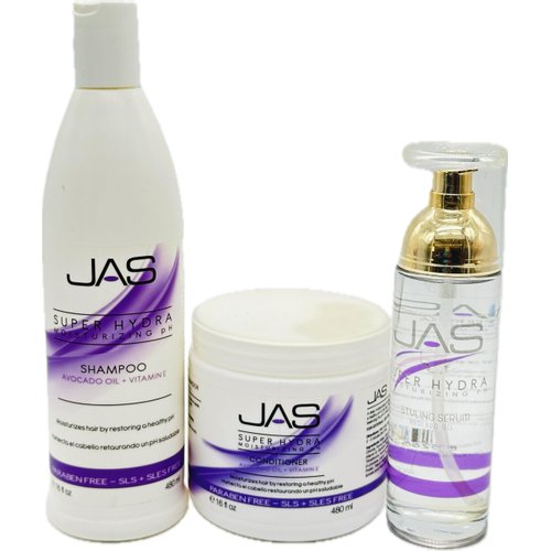 JAS Super Hydra Moisturizing Ph Shampoo and Conditioner 16 Oz With Avocado Oil &Vitamin E + Super Hydra Serum 6 fl Oz"Free Starry Lipgloss 10 Ml"