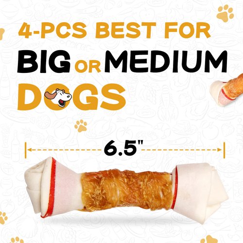 PAWUP Dog Treat Rawhide Bones with Chicken (6.5", 4pcs), Dog Chews Beefhide Treats w/Taurine, 10.5 oz