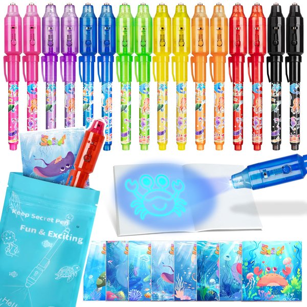 Invisible Ink Pen, 16 Pack Spy Magic Markers Pen with UV Light & Notebook Set, Secret Message Ink Pen Party Favors for Kids 4-12, Boy Birthday Gift Classroom Prizes Goody Bag Stuffers Supplies