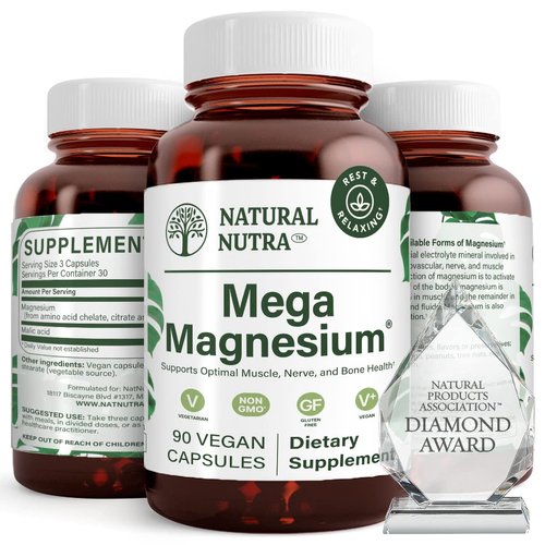 Natural Nutra Mega Magnesium Supplement from Amino Acid Malate, Chelate, Citrate, Improves Bone Strength 400 mg, 90 Capsules (Pack of 2)