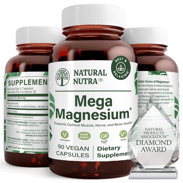 Natural Nutra Mega Magnesium Supplement from Amino Acid Malate, Chelate, Citrate, Improves Bone Strength 400 mg, 90 Capsules (Pack of 2)