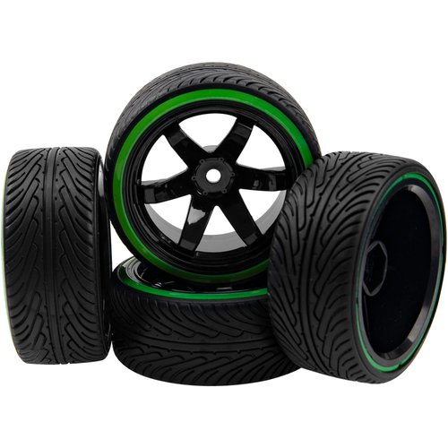 HIRCQOO 1/10 RC Drift Car Tires 12mm Hex Hub Wheel Rims & Hard Plastic Tyre 6 Spoke Compatible with Traxxas HSP Tamiya Kyosho HPI Redcat 1/10 On-Road RC Drift Drifting Car (Green)