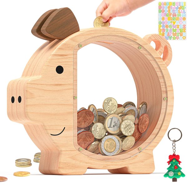 Summidate Wooden Piggy Bank for Kids, Cute Money Bank for Boys and Girls, Unbreakable Wood Coin Bank, Creative Saving Money Jar Personalized Present for Child Birthday Christmas & Decor