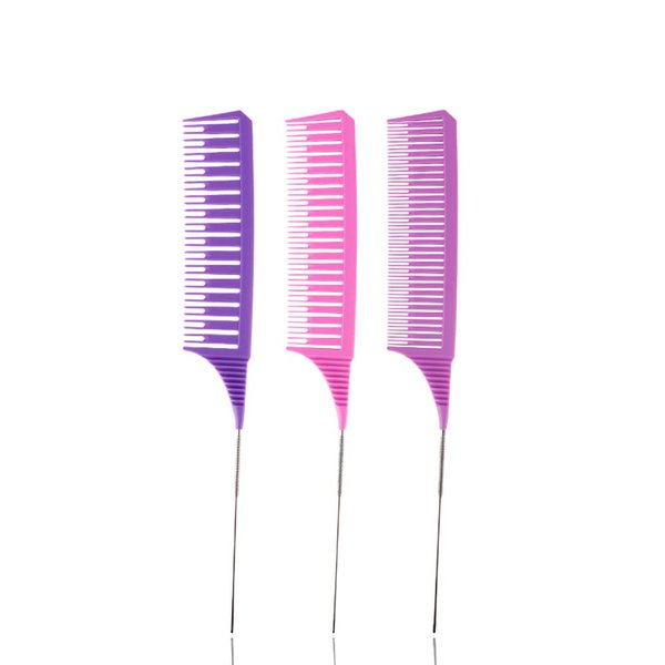 SKYPIA 3 Piece Professional Dyeing Hair Comb Set, Highlight Combs for Hair Stylist Weaving Styling Brush Set with Long Stainless Steel Rat Tail Stylist Combs, Purple & Pink