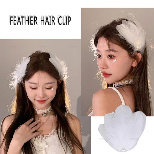 4 Pack White Feather Hair Clip Ballet Style Pearl Ostrich Swan Feather Hair Pins Accessories for Women Girls Swan Lake Cosplay Show Dancing Party Bride Wedding Birthday Christmas Stage Performance