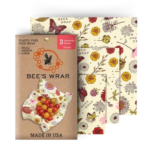 Bee's Wrap Reusable Vegan Alternative to Beeswax Food Wraps, Made in the USA, Eco Friendly Food Wraps, Sustainable Food Storage Containers, Organic Cotton Food Wraps, Assorted 3 Pack (S, M, L), Vegan