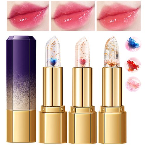 DENESTUP Pack of 3 Flower Jelly Lipstick Set Temperature Change Moisturizer Long Lasting Nutritious Balm Magic Color Change Lip Gloss