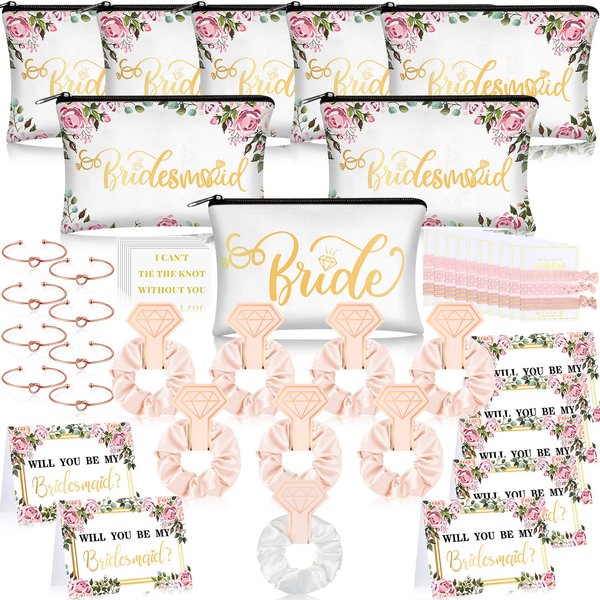63 Pcs Bridesmaid Proposal Gifts Bulk Maid of Honor Gifts Matron of Honor Gifts Brides Bridesmaid Cosmetic Makeup Bag Hair Knotted Bracelets Invitation Cards for Wedding Bachelorette (Rose and Leaves)