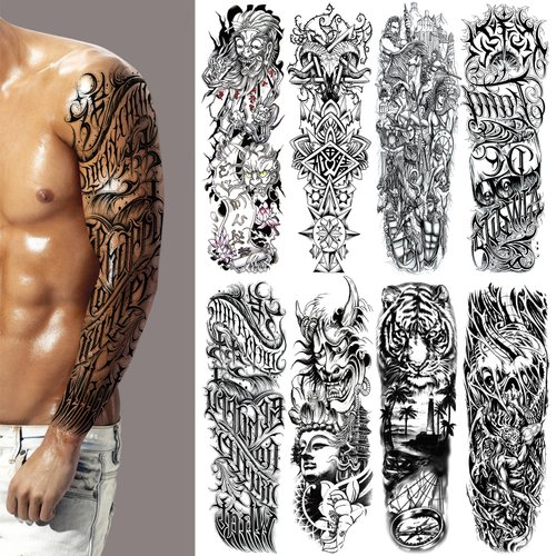 Halloween Full Arm Temporary Tattoo for Men, 8 Sheets Skull Skeleton Sleeve Tattoos Temporary, Demon Horrible Fake Tattoos That Look Real, Tigers