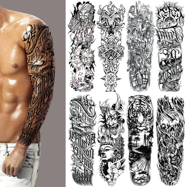 Halloween Full Arm Temporary Tattoo for Men, 8 Sheets Skull Skeleton Sleeve Tattoos Temporary, Demon Horrible Fake Tattoos That Look Real, Tigers