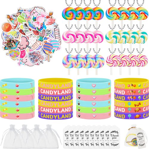 Deekin 147 Pcs Candyland Party Favors Set Include 24 Lollipops Keychains 24 Candyland Silicone Wristbands 50 Candy Stickers 24 Thank You Tags and White Organza Bags Candyland Party Favors