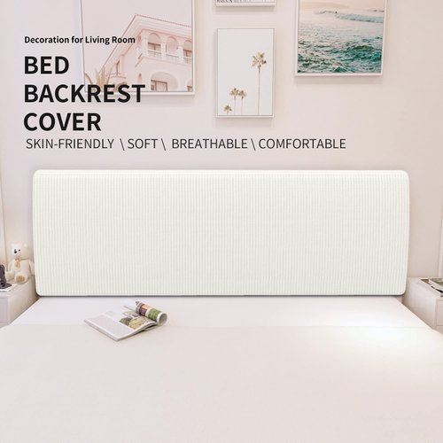 Easy-Going Stretch Bed Headboard Slipcover, Small Square Jacquard Furniture Cover, Dustproof Protector Cover for Bedroom Decor (Queen, Cream)