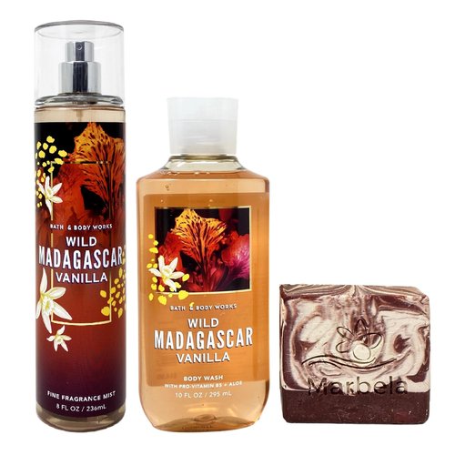 Bath & Body Works Wild Madagascar Vanilla Fragrance Mist and Body Wash Gift Set with a Cherry On Top Bar Soap - Full Size