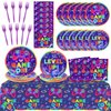 gisgfim Video Game Party Supplies Gaming Tableware Set for 24 Guests Neon Gamer Paper Plates Video Game On Party Decorations Includes Plates, Napkins, Tablecloths