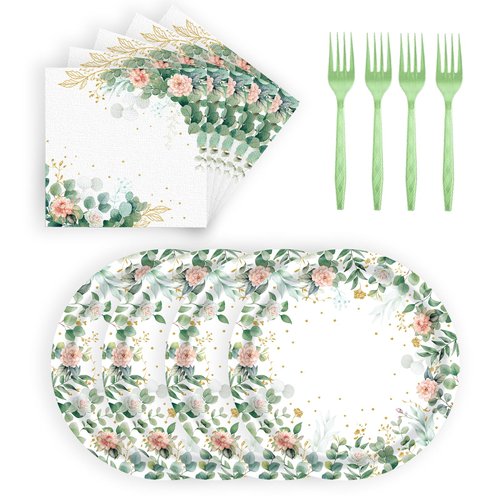72 Pcs Floral Paper Plates and Napkins Party Supplies, Sage Green Party Plates and Napkins Tableware Set for Spring Summer Picnic Wedding Birthday Baby Shower Tea Party Decorations Serves 24 (Floral)