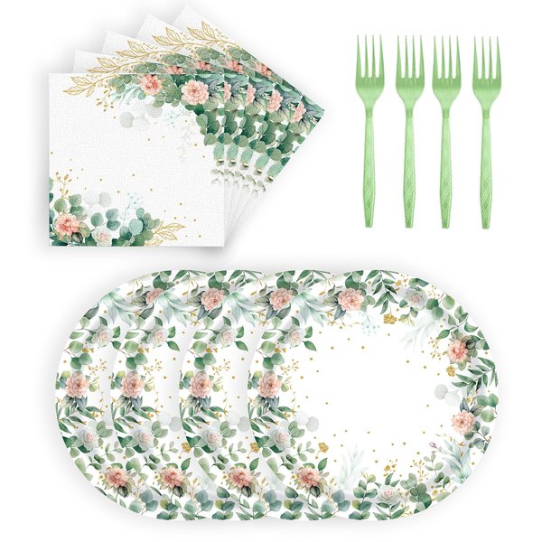 72 Pcs Floral Paper Plates and Napkins Party Supplies, Sage Green Party Plates and Napkins Tableware Set for Spring Summer Picnic Wedding Birthday Baby Shower Tea Party Decorations Serves 24 (Floral)