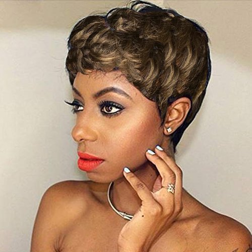 HOTKIS Pixie Cut Wig Human Hair Natural Wavy Short Wigs Human Hair with Layered Cut Pixie Wig Short Human Hair Wigs for Black Women Highlight Brown Pixie Wigs F4/27#