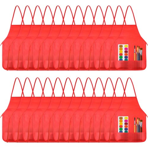 KUUQA Kids Art Apron with Two Pockets Children Painting Smocks Bulk for Craft Home Kitchen Classroom Painting Supplies (24, Red)