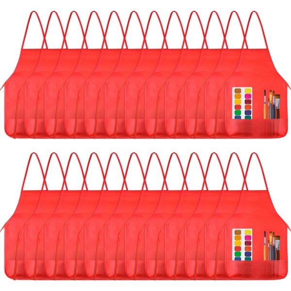 KUUQA Kids Art Apron with Two Pockets Children Painting Smocks Bulk for Craft Home Kitchen Classroom Painting Supplies (24, Red)