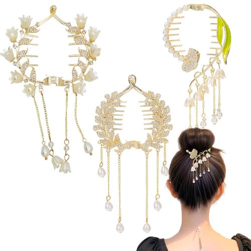 3 PCS Jewelry Rhinestone Hair Claw Clips for Women Long Tassel Hair Claw Clips Non Slip Hair Accessories Hair Barrettes Pearl Ponytail Buckle Hairpin Vintage Sparkling Metal Hair Bun Clips