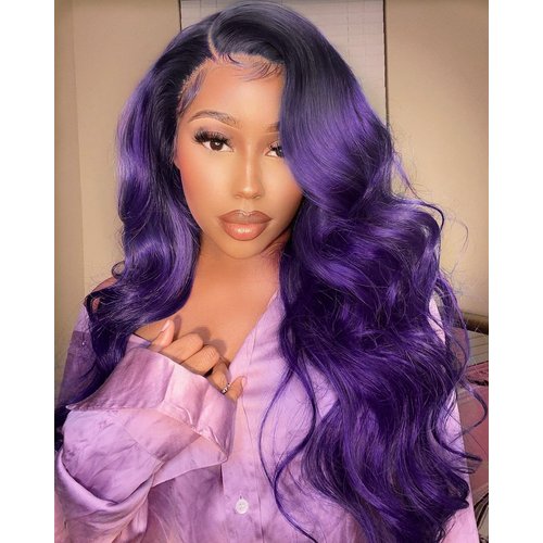 WIGNEE Ombre Purple Wigs 26 Inches Body Wave Wigs for Black Women Dark Hair Roots Wavy Purple Wig Long Synthetic Middle Part Lace Wigs For Women (1B/Purple)