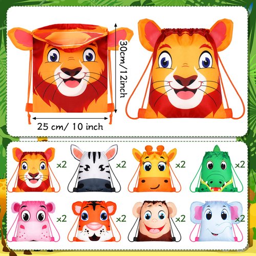 Hillban 16 Pcs Animal Drawstring Bags for Kids Party Favors Drawstring Backpack with Ear for Safari Birthday (Jungle Style)