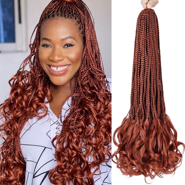 French Curl Crochet Braids 22 Inch 6 Packs Goddess Box Braids Crochet Hair Pre Looped French Curly Braiding Hair Cooper Red Crochet Box Braids With Curly Wavy Ends Synthetic Hair Extensions (#350)