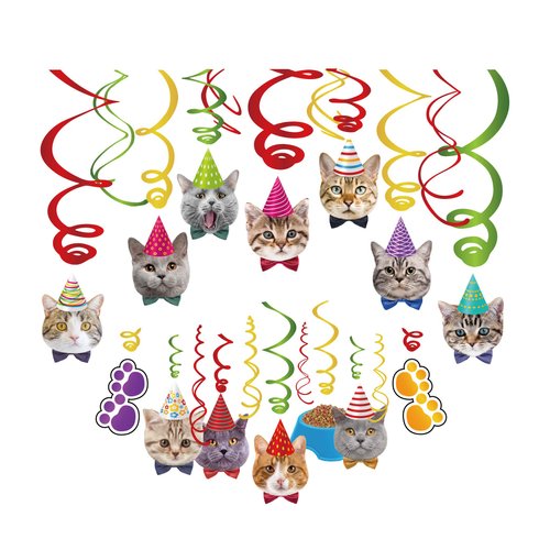 Kristin Paradise 30Ct Cat Face Hanging Swirl Decorations, Kitty Party Supplies, Meow Happy Birthday Theme Decor, Pet Paper Funny Favor for First 1st Bday