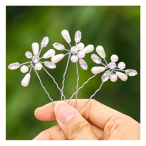 Yokawe Bridal Wedding Hair Pins Silver Rhinestone Bride Hairpin Pearl Hair Accessories for Women and Girls（3 PCS） (Silver)